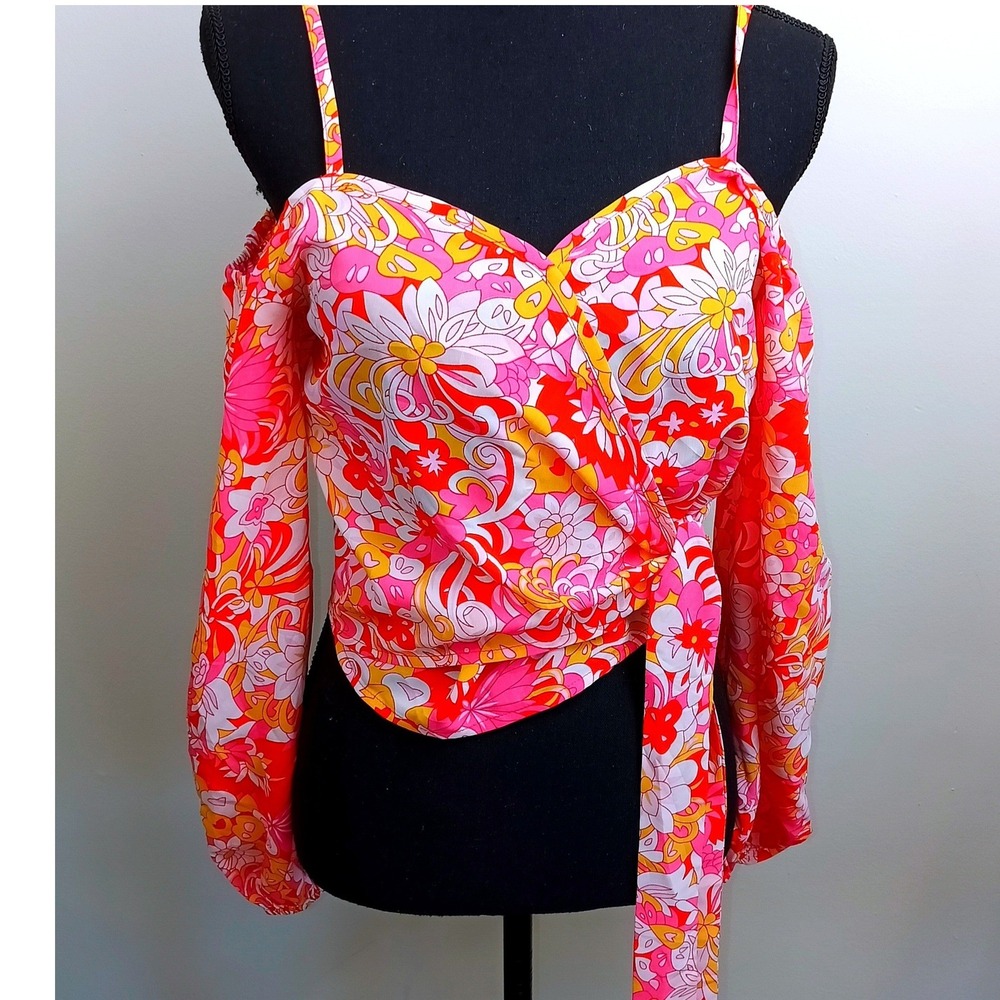 Pink Lily Wrap Top Womens Small Pink Orange Floral Cold Shoulder Excellent